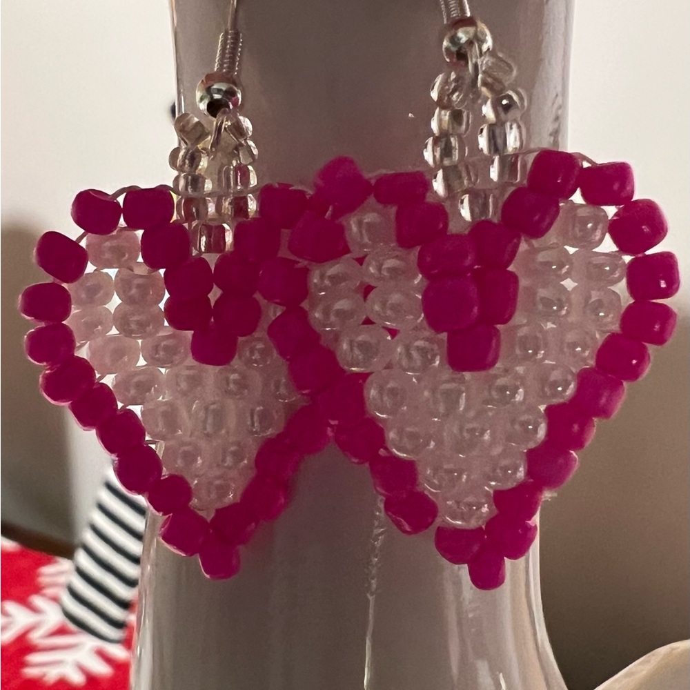 Vibrant Pink and Clear Beaded Heart Earrings